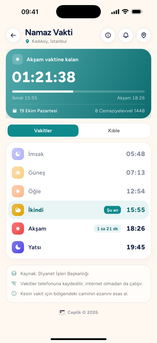 Ceplik Namaz Vakti ekranı