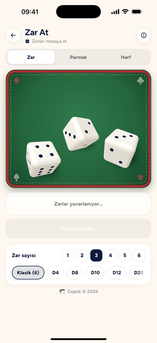 Ceplik Karar Verici · Zar At ekranı